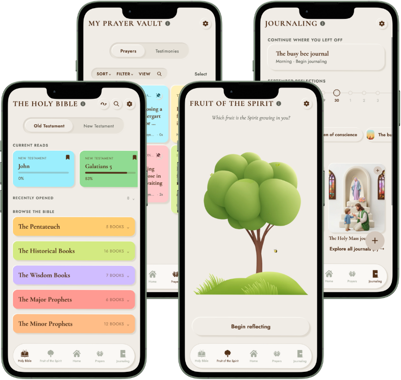 Four screens of the app: the Bible, Fruit of the Spirit, My Prayers and Journaling